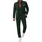 EastSide Men's Slim Fit 3 Pieces , One Button Sets Vest Pants Coat Suit, Deep Green, Large