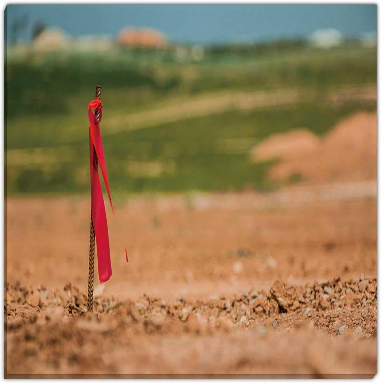 Metal Survey peg with red Flag on Construction site Canvas Art,075782 Farmhouse Bathroom Decor ,12x12in