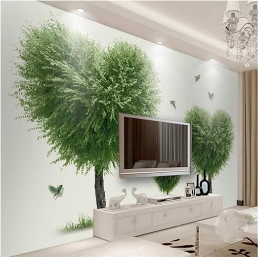 Amazon Hershop ヨーロッパの子供部屋のハート型の大きな木鳥の背景の壁カスタム大壁画緑の絹の布の壁紙 壁紙