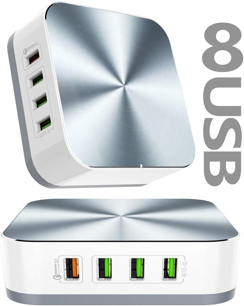 Multiple USB Wall Charger,8-Port Charging Station with Quick Charge 3.0 USB Port,50W 10A Charger Adapter Multi Port Fast USB Charger for 11 11 Pro 11 Pro Max XS Max XR X8 8Plus,iPad Pro,Galaxy(Gray)