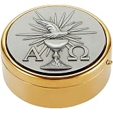 Christian Brands Eucharist Pyx Polished Brass, 3.25", Dove Alpha Omega | Holds 60 Hosts, Hospital Ministry, Secure Lid, Communion Outreach, Homebound Care