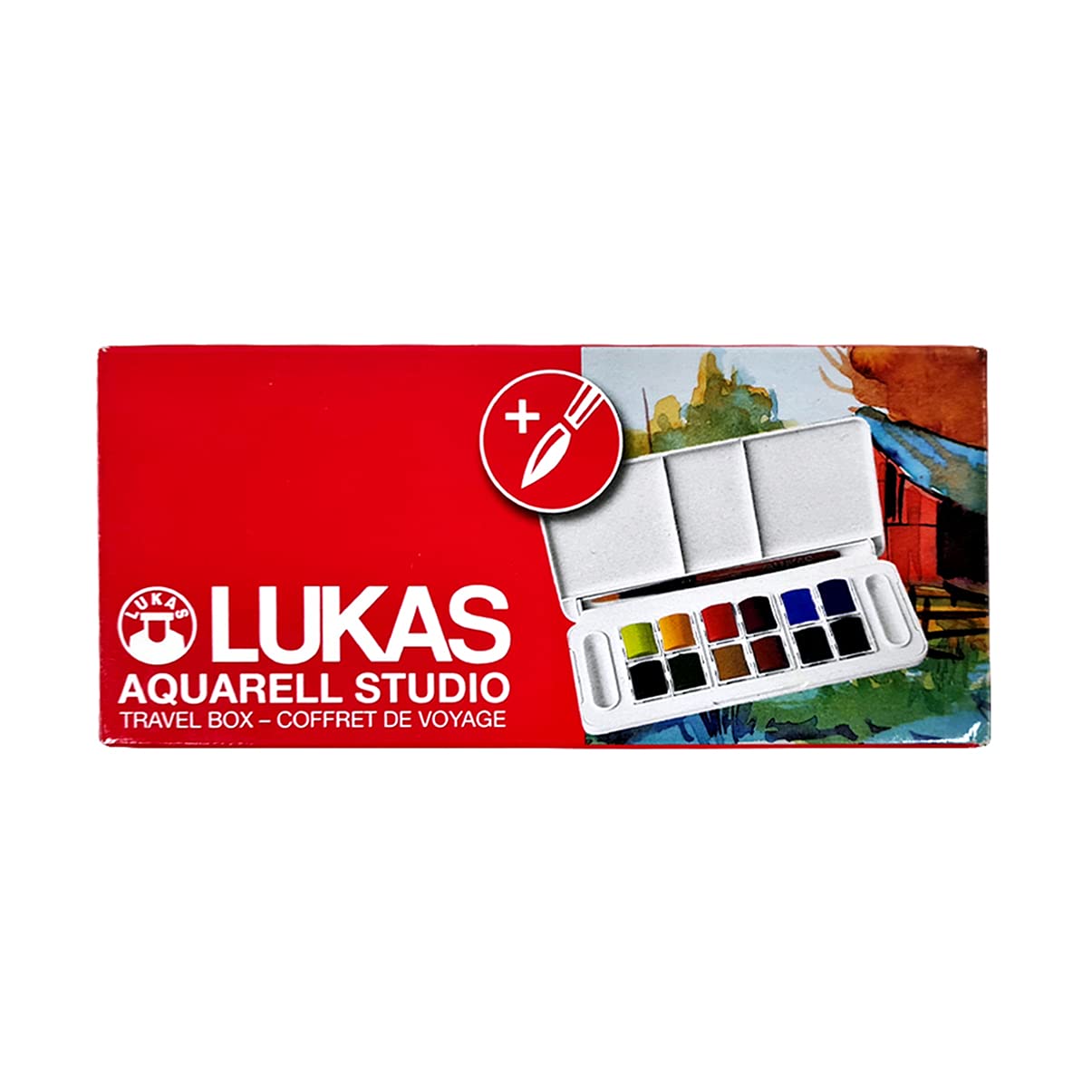 Lukas Aquarell Artist Studio Watercolor Paint Set - Professional Quality, Includes Travel Friendly Plein Aire Outdoor Painting Case, a Water Color Brush and Color Mixing Palette - 12 Brilliant Colors