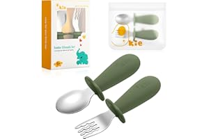 Qkie Toddler Utensils, Toddler Forks and Spoons, Baby Spoons Self Feeding, Stainless Steel Baby Silverware with BPA Free Silicone Easy Grip, 8 Months+ (Matcha)