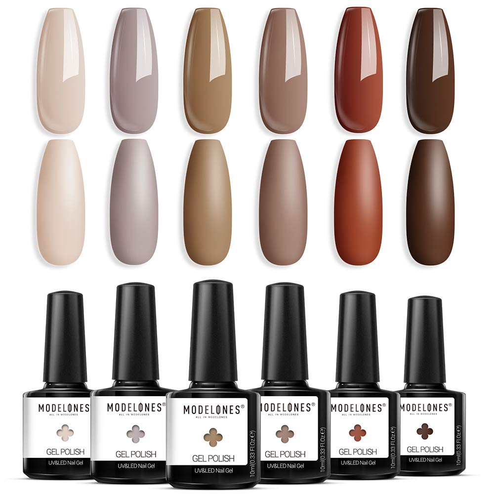 Modelones Gel Polish Set - Brown Series Polish Grey Coffee Dark Brown Gel Nail Polish Soak Off UV LED Varnish Nail Art Manicure Salon Collection for Beginner DIY at Home 0.33 OZ 6Pcs: Beauty