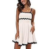 Senllen Womens Summer Flowy Mini Dress 2025 Casual Spaghetti Straps Sleeveless Smocked Backless Swing Wave Trim Sundress