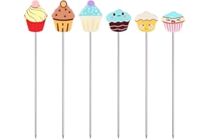6pcs Stainless Steel Cake Testing Sticks, 6.5"/7.3" Baking Test Skewer Needle Tools with Cute Cupcake Tops Reusable Cake Done