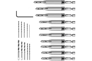SYWAN 21 Pcs Center Drill Bit Set, Self Centering Hinge Tapper Core Hole Puncher 5/64'' 7/64'' 9/64'' 11/64'' 13/64'' 5mm 1/4'' & 1 Pcs Hex Key & 10 Pcs Replacement Drill Bits (Silver)