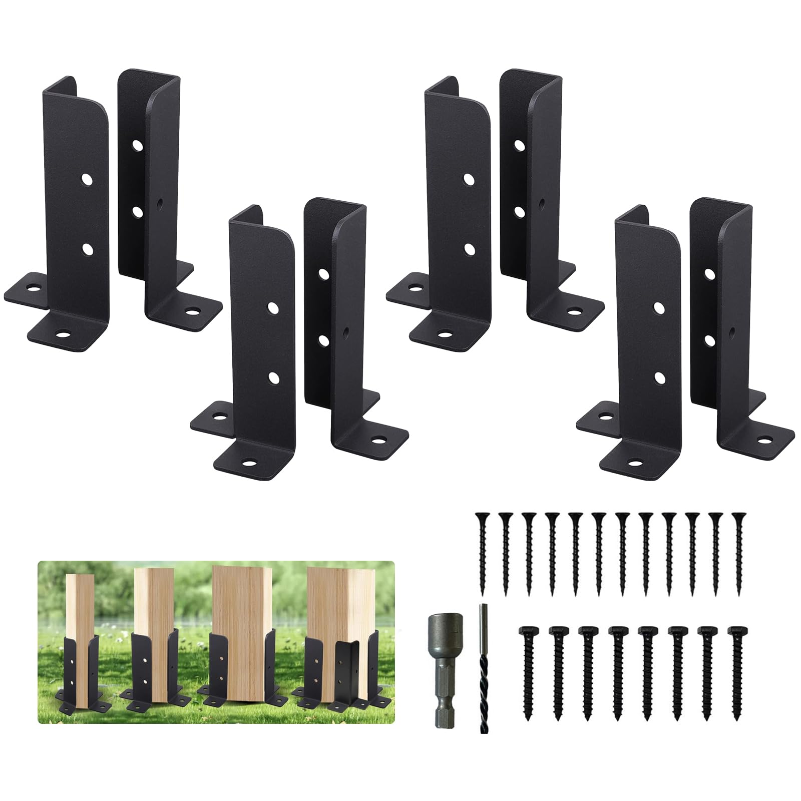 8pcs Deck Post Base Brackets, Adjustable Wood Fence Pergola Base with Screws, Bolts, Hex Converter and Drill Bit, Fit 1.5"x1.5",2"x2",2"x4",4"x4" Inch Fence Post Mounting Brackets