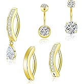 Oslynia 5 Pcs Gold Belly Button Ring, Stainless Steel Dangle Belly Button Piercing, Hypoallergenic Body Dainty Dangling Navel Piercing Jewelry for Women, Cute Small Short Navel Piercings Rings