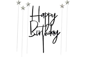 ZHENGYE Set of 1 Black Acrylic Happy birthday Cake Topper,5 pcs silvery Star Cake Cupcake Topper(Black 1)