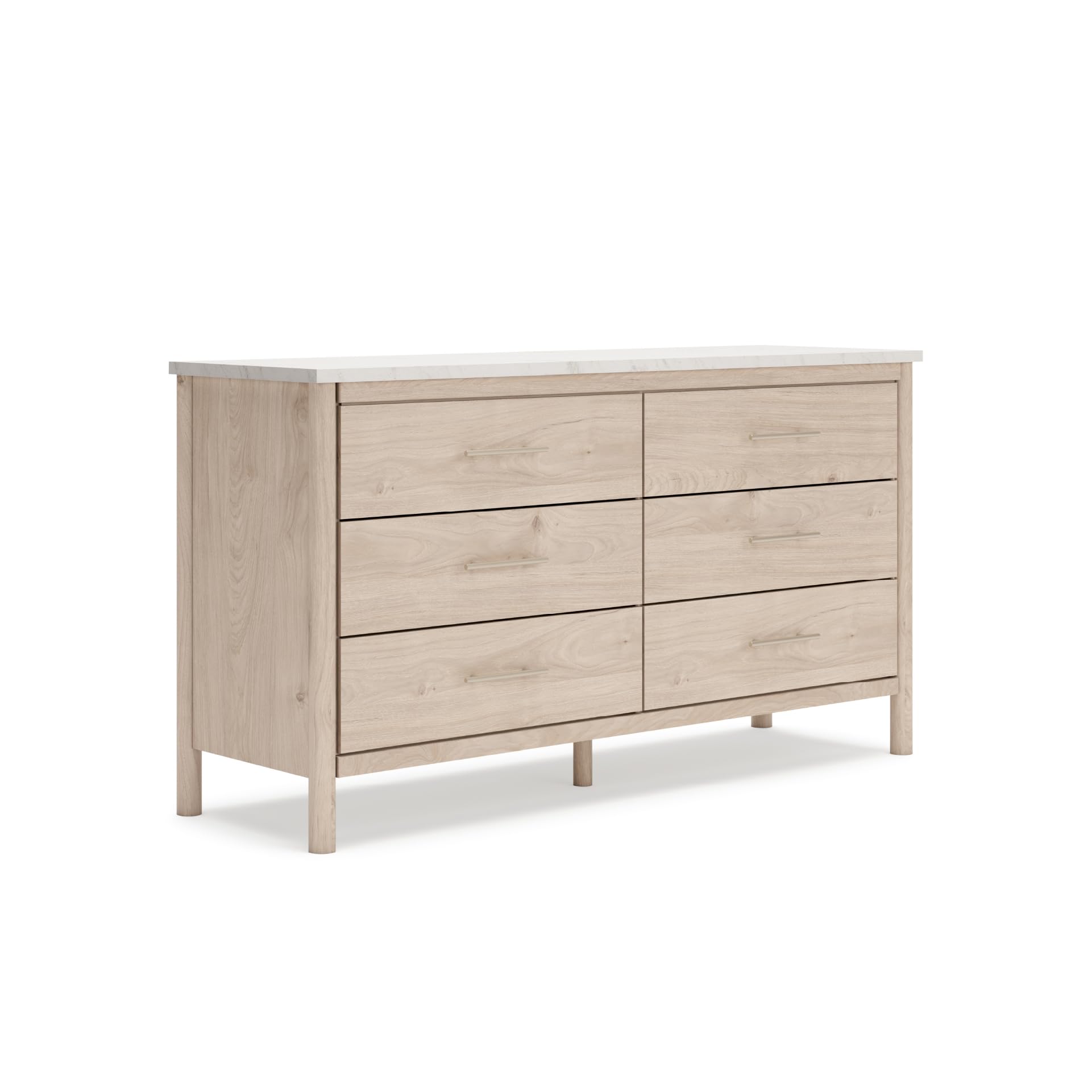 Photo 1 of Signature Design by Ashley Cadmori Casual Bohemian Dresser with Post Legs and 6 Drawers, Replicated Marble Top, Wood, 35" High, White and Light Brown Finish