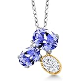 Gem Stone King 925 Silver and 10K Yellow Gold Blue Tanzanite and White Moissanite Pendant Necklace For Women (2.41 Cttw, Oval 8X6MM, 7X5MM and 6X4MM, Gemstone December Birthstone, with 18 Inch Chain)