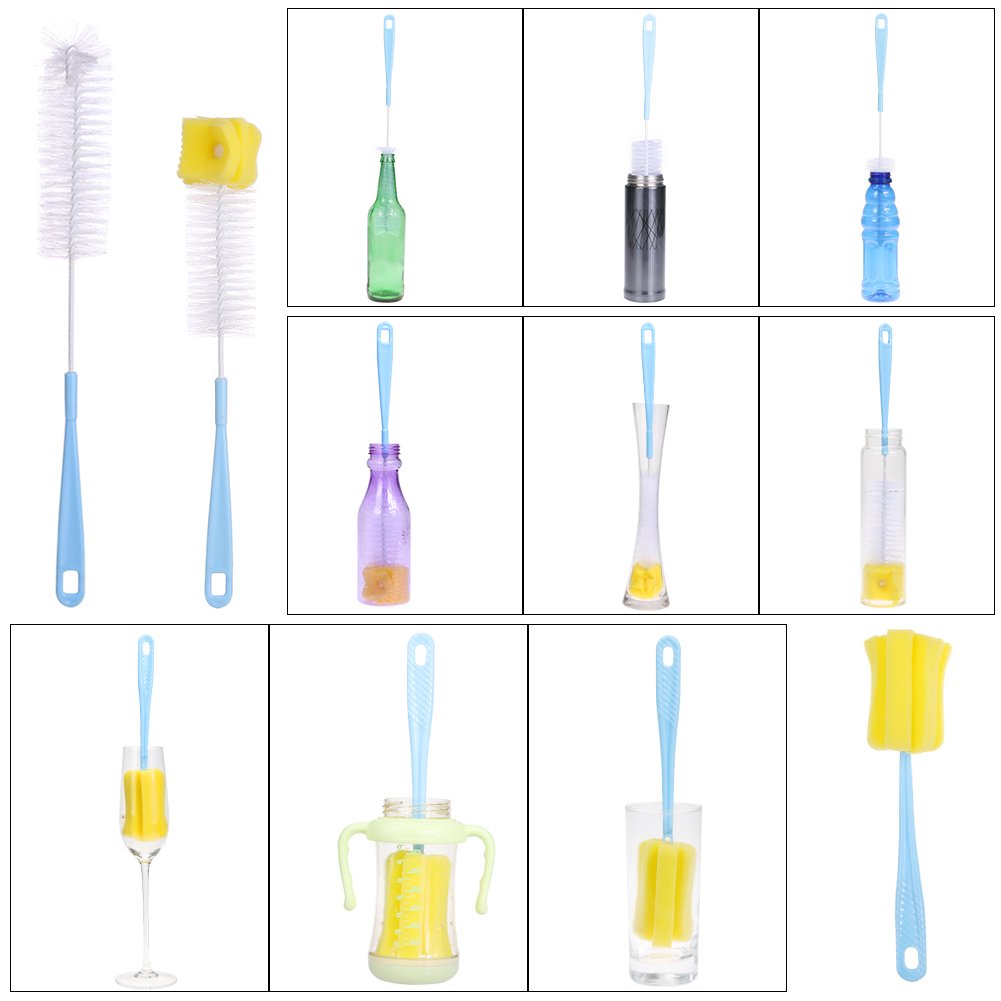 3 Piece Bottle Brushes Set, SIKIWIND Water Bottle Brush Cleaner Set - Bendable 16” Rugged Bristles Long Bottle Cleaning Brush + 14” Sponge Bottle Brush and 10” Soft Safe Baby Bottle Brush(Blue&Yellow)