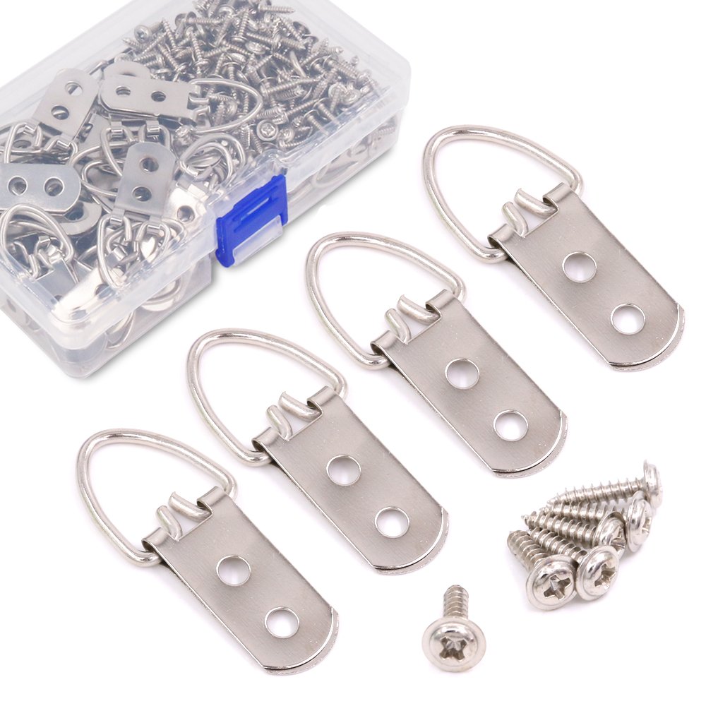 60 Pcs Heavy Duty Large Wide D Ring Shape Nail Non-Trace Frame Picture Hangers Double Hole with Screws, for Home Decoration, Picture Frame Hanging with Transparent Box