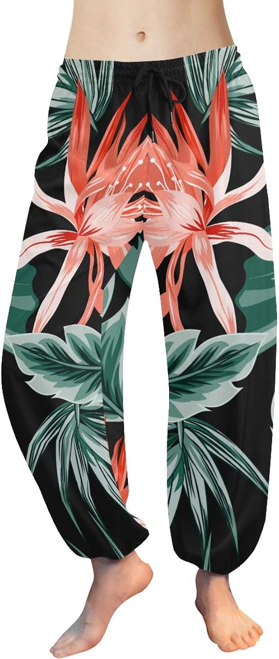 Lounge Pants for Women Loose Fit Tropical Flowers Jungle Leaves Bird
