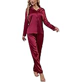 Drtope Women's Classic Button Down Long Satin Silk Pajama Set 2 piece pajama set for women silky pajama set for women