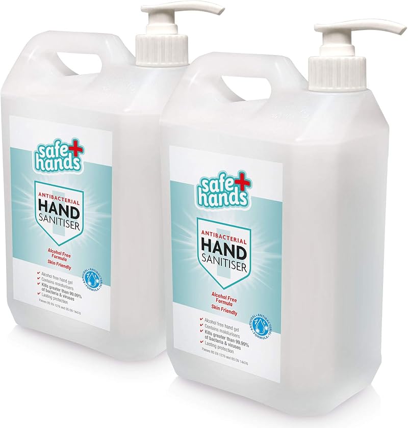 Safe Hands Hand Sanitiser Gel Alcohol Free 5 Litre Pack with 2 Pumps Star Brite