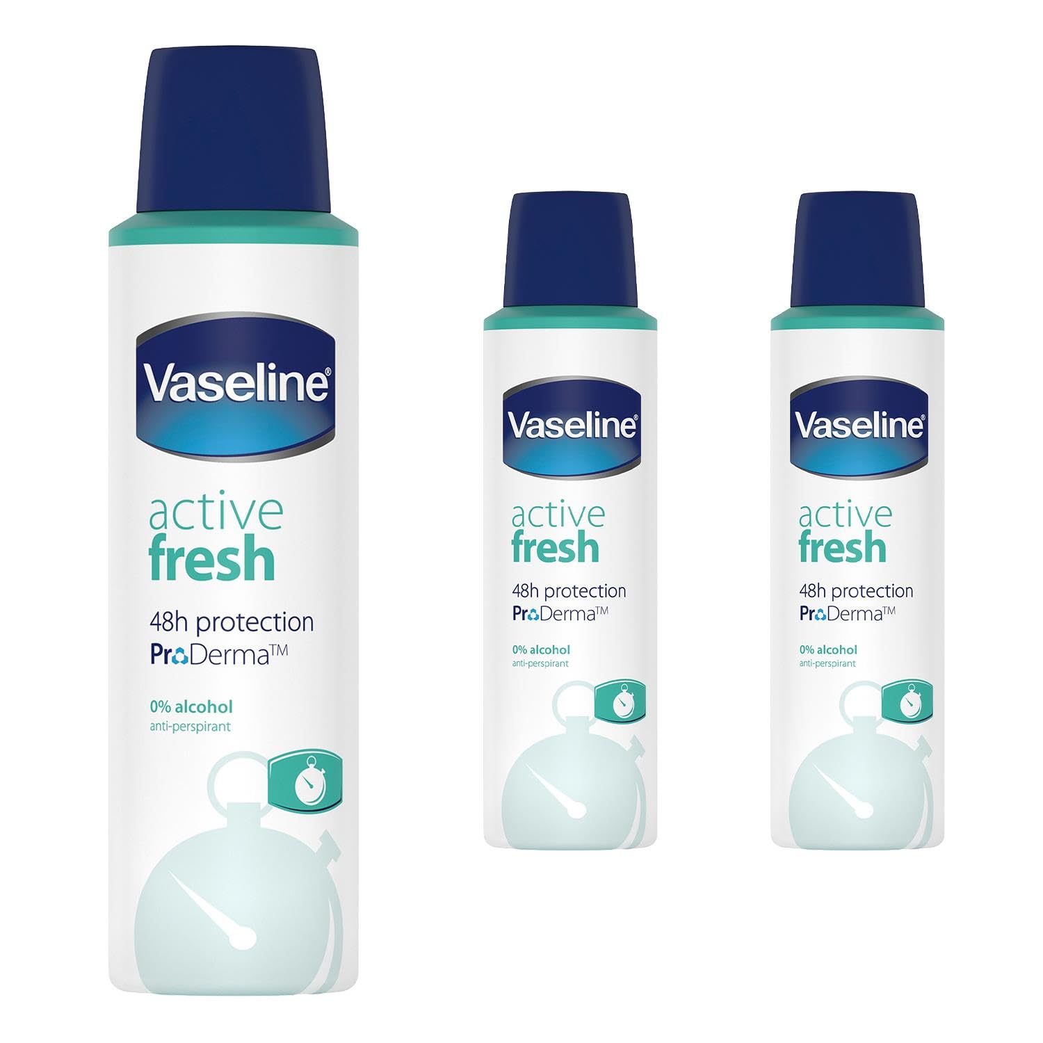 Vaseline Active Fresh Anti-Perspirant Aerosol Deodorant Pack of 3, 150ml each - 48 Hour Sweat & Odour Protection, Alcohol Free, Unisex Body Spray for Sensitive Skin