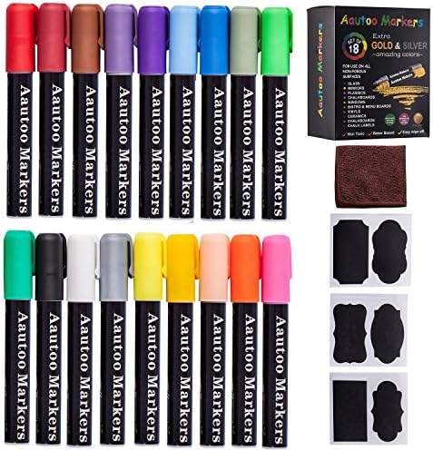 Chalk Markers, Aautoo 18 Color Dry Erase Markers For Kids Adults Artists Menu Glass Chalkboard Markers 500M Writing Non-Toxic No Odors 6MM Reversible Bullet Tip,32 Chalkboard Labels,Cleaning Wiper