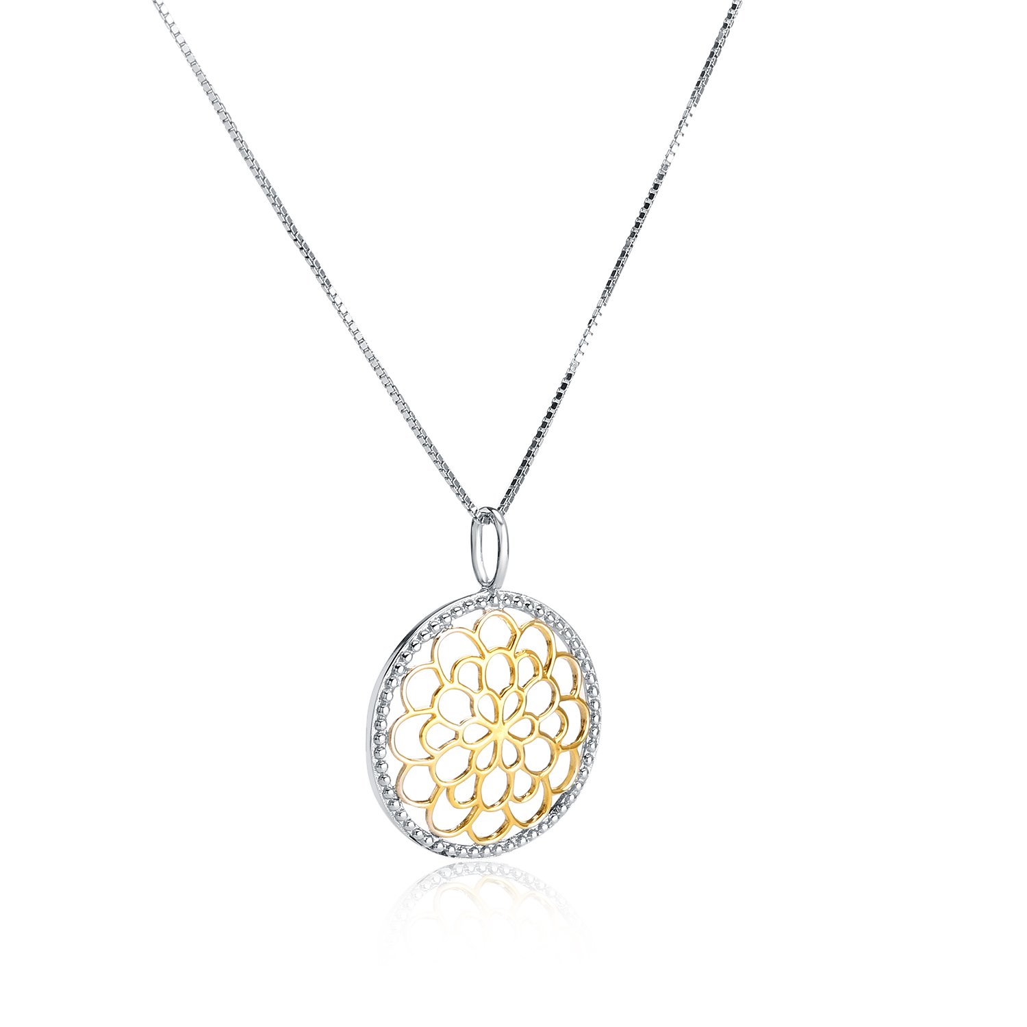 Sterling Silver and 18K Gold Bali Inspired Filigree Round Circle Floral Pendant Necklace, Best Jewelry for Women, 16/18