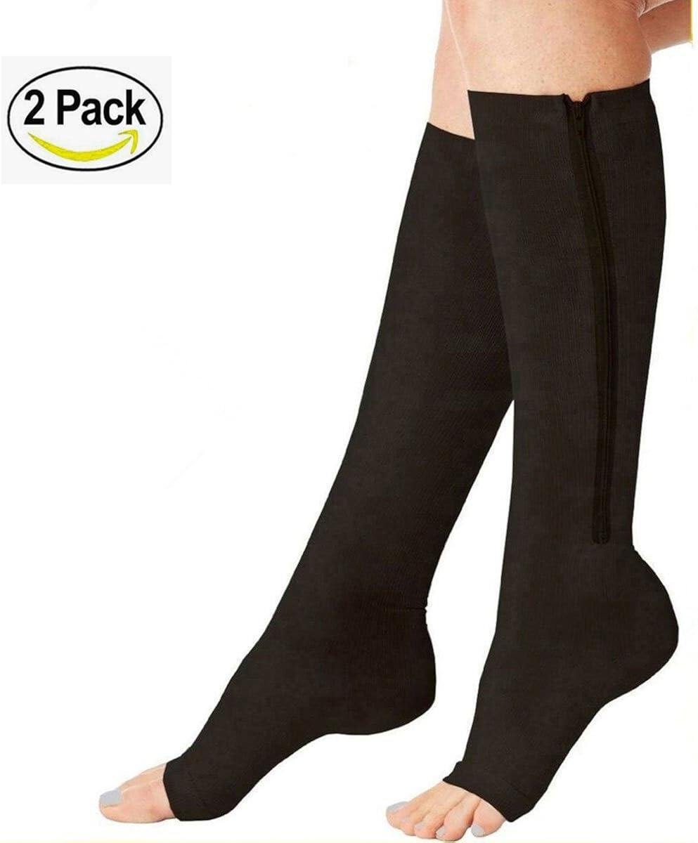 (2 Pairs)Compression Medical Zip Socks15-20mmHg Zipper Leg Support Unisex Open Toe Knee: Clothing
