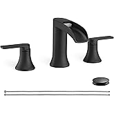 HOIGY Matte Black Widespread Bathroom Sink Faucet 3 Hole, 8 Inch Waterfall Faucet for Bathroom Sink with Pop-Up Drain and cUPC Supply Lines, 2 Handles for Vanity Lavatory Restroom, Brass Material