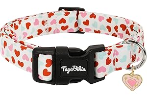 Tag4Oikia Valentines Dog Collar with Multi-Heart Pattern, Adjustable Medium Dog Collar with Safety Buckle & Heart Charm, Spri
