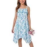 Girls Summer Floral Sundress – Sleeveless Dress with Ruffle Trim Neckline, Adjustable Straps and Handkerchief Hem