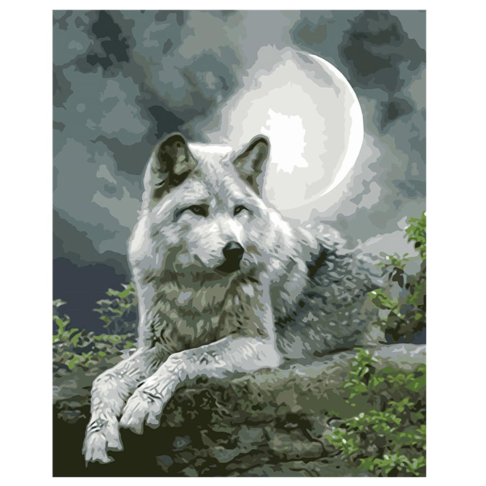 CaptainCrafts DIY Paint by Numbers for Adults Beginners 16x20 inch Oil Painting Wolf under the Moon (Frameless)
