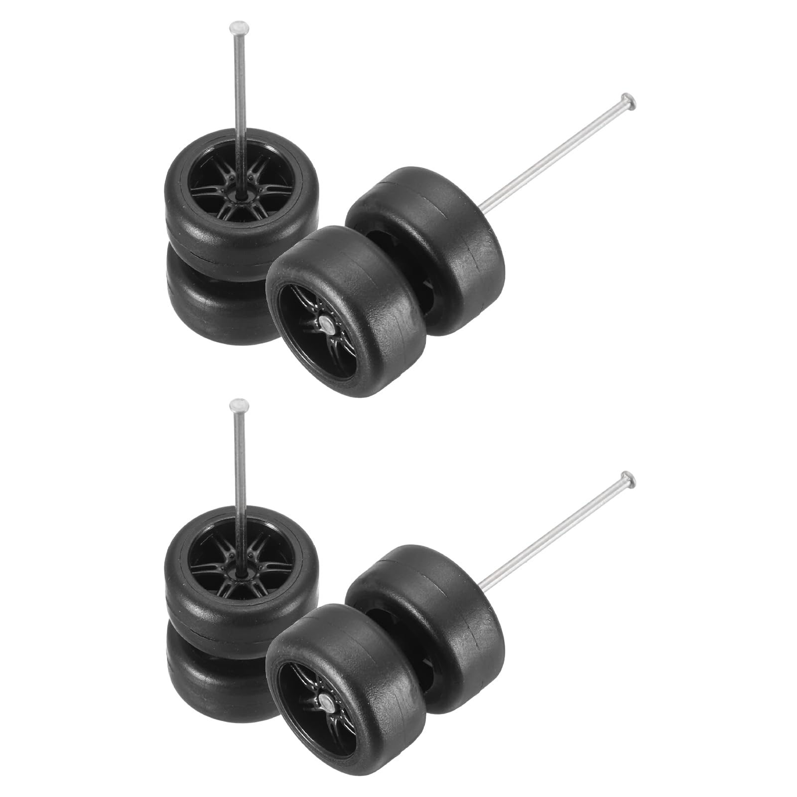 sourcing map 4 Set 1/64 Wheels and Tires Set, Real Riders Rims Includes Axles for RC Diecast Car DIY Model, 6-Spoke Black Rims