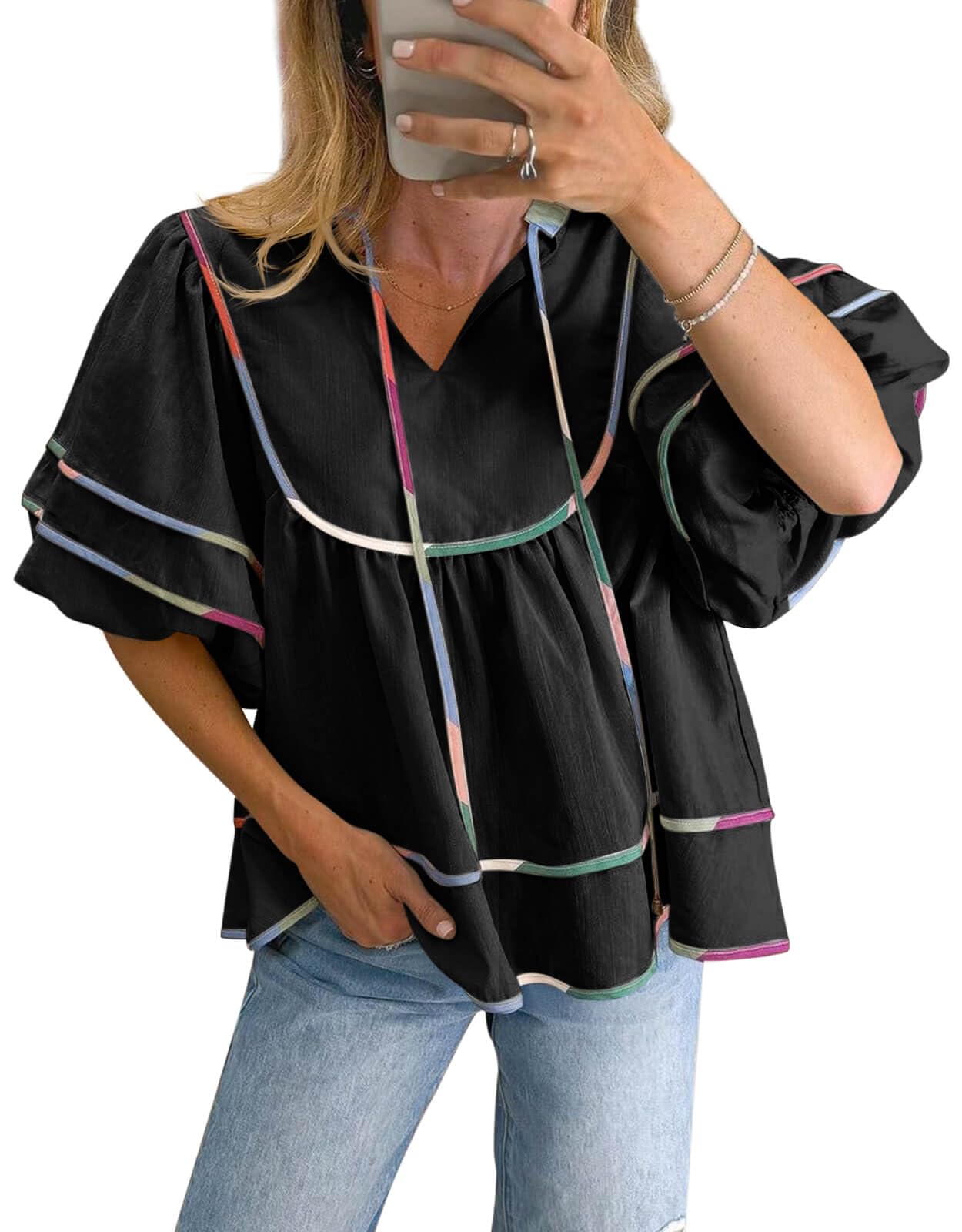 Photo 1 of Cicy Bell Womens Summer Babydoll Tops V Neck Short Lantern Sleeve Shirts Cute Loose Fit Peplum Flowy Blouses Black