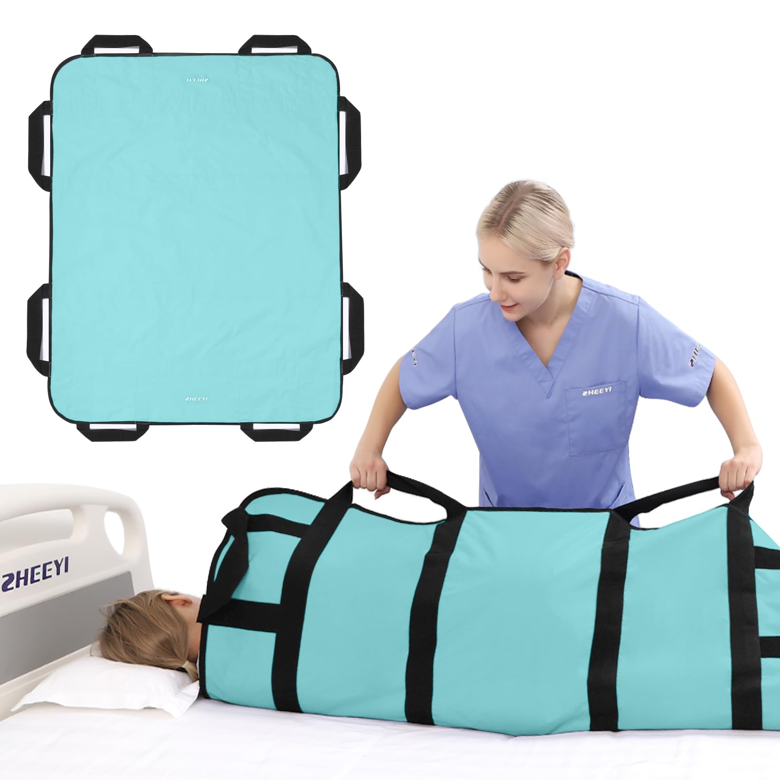 Photo 1 of ZHEEYI Multipurpose 48" x 40" Positioning Bed Pad with Reinforced Handles - Reusable & Washable Transfer Sheet for Turning, Lifting & Repositioning - Double-Sided Nylon Fabric, Aqua Blue
