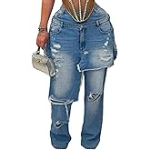 Molisry Women's Double Waist Ripped Jeans Patchwork Frayed Distressed Straight Leg Denim Boyfriend Jeans 2025