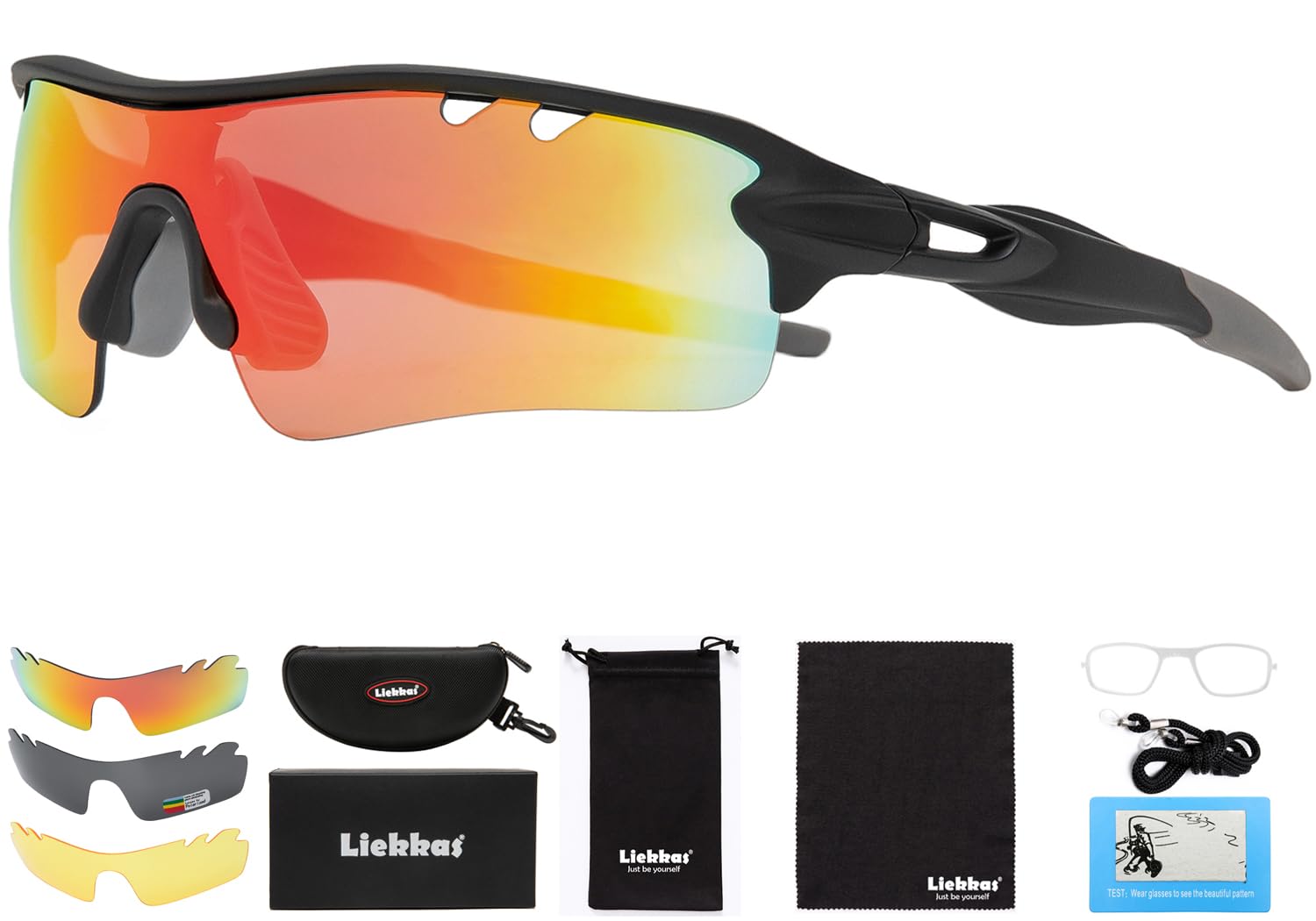 Liekkas Polarised Sports Sunglasses For Men Women with 3 Interchangeable Lenses for Running Cricket Mountain Bike Cycling Glasses Black Orange