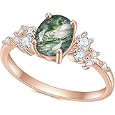 Gem's Beauty Green Moss Agate Rings 14K Gold/14K Rose Gold Three Stone Engagement Ring in 925 Sterling Silver Women's Gold Ring Gifts for Her