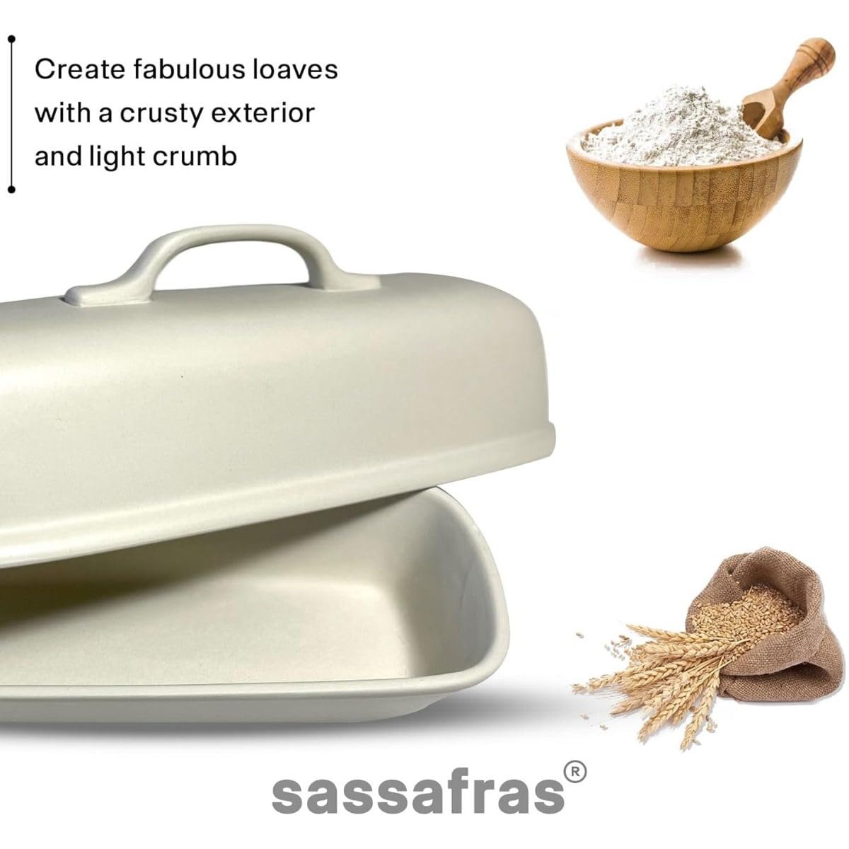 Sassafras Superstone® Covered Bread Baker with Lid - Bisque Glazed Exterior and Unglazed Interior Stoneware Bakeware - Bakes an Artisan Italian Bread with Crusty Crust and a Light Crumb