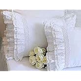 2-Pack White Pillow Shams Shabby Chic Pillowcases with Lace Ruffles Vintage Pillow Covers Cotton Queen Size 20"X30" Luxury Elegant