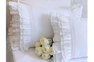 MEANING4 2-Pack White Pillow Shams Shabby Chic Pillowcases with Lace Ruffles Vintage Pillow Covers Cotton Queen Size 20"X30" Luxury Elegant