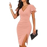 WAYMAKER 2026 Women's Sexy V Neck Faux Wrap Ruffle Sleeve Ruched Bodycon Slit Cocktail Party Wedding Guest Dress