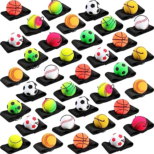 Skylety Wrist Return Ball 1.85'' Rubber Sport Ball with Strap and String Rebound Bouncy Balls Basketball Baseball Soccer Tennis Wristband Toy for Teens Adults Gifts, Wrist Exercise Play