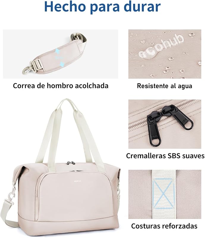 Bolsa de Viaje Plegable, Equipaje de Mano Ligera y Resistente al Agua para el Fin de Semana, Bolsa Viaje con Reciclada Bolsillo Húmedo Extraíble para Mujer y Hombre, 30L-Beige