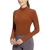 BALEAF Thermal Shirts Long Sleeve Crop Top for Women Mock Turtleneck Wrokout Tops with Thumbholes for Yoga Running Base Layer Caramel L