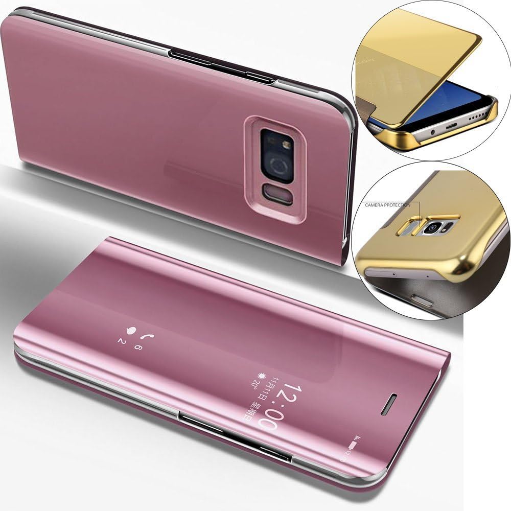 Galaxy S7 Edge Case LEECOCO Luxury Clear View Electroplate Plating Mirror Makeup [Kickstand] Full Body Protective Cover Flip PC and PU Leather Case for Samsung Galaxy S7 Edge Rose Gold Mirror PU