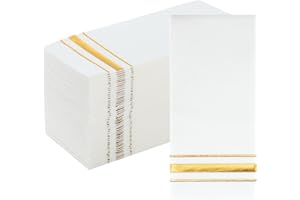 WINOO DESIGN White and Gold Napkins Disposable Decorative - 50 PK - Linen Feel Paper Guest Towels Disposable Bathroom Fancy Wedding Napkins White Dinner Napkins Party Napkins