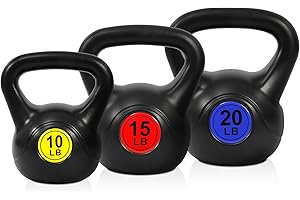 Fitvids Wide Grip 3-Piece or 4-Piece Kettlebell Exercise Fitness Weight Set, Include 5 lbs, 10 lbs, 15 lbs and 20 lbs, Set of 3 or Set of 4