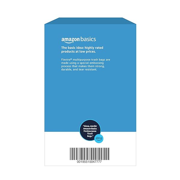 AMAZON BASICS 30 GALLON FLEXTRA STRENGTH MULTIPURPOSE DRAWSTRING TRASH BAGS, 20% POST CONSUMER RECYCLED MATERIAL, TEAR RESISTANT, BLACK, 50 COUNT