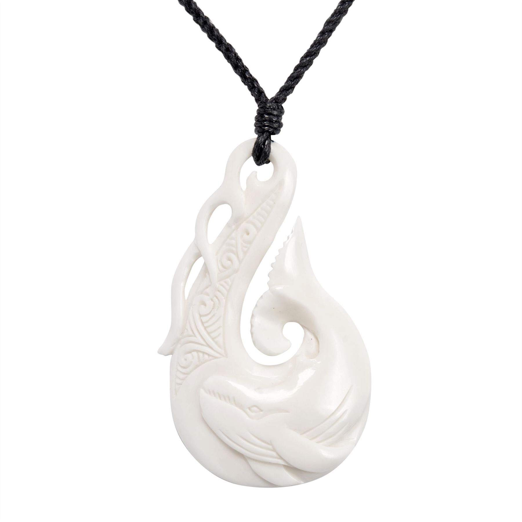 81stgeneration Hand-Carved Bone Large HEI Matau Whale Pendant - Men's Surfer Accessory - Handmade Fish Hook Necklace - Maori-Style Ocean Wave Amulet - Natural Tribal Marine-Life Jewellery for Women