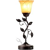 Touch Control Table Lamp with 2 USB Charging Ports, 3-Way Dimmable Bedside Nightstand Lamps, Amber Glass Shade Vintage Rural Leaf Lamp for Living Room, Bedroom, Dresser, LED Bulb Included (Bronze)