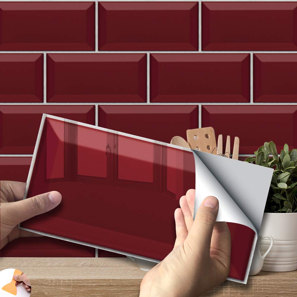 Hiser 27pcs Kitchen Bathroom Marble Wall Tile Stickers, DIY Rectangle Bricks Style Decals Sticker for Kitchen Living Room Bathroom Home Decor Self-Adhesive (Red,7.9 x 4 in)