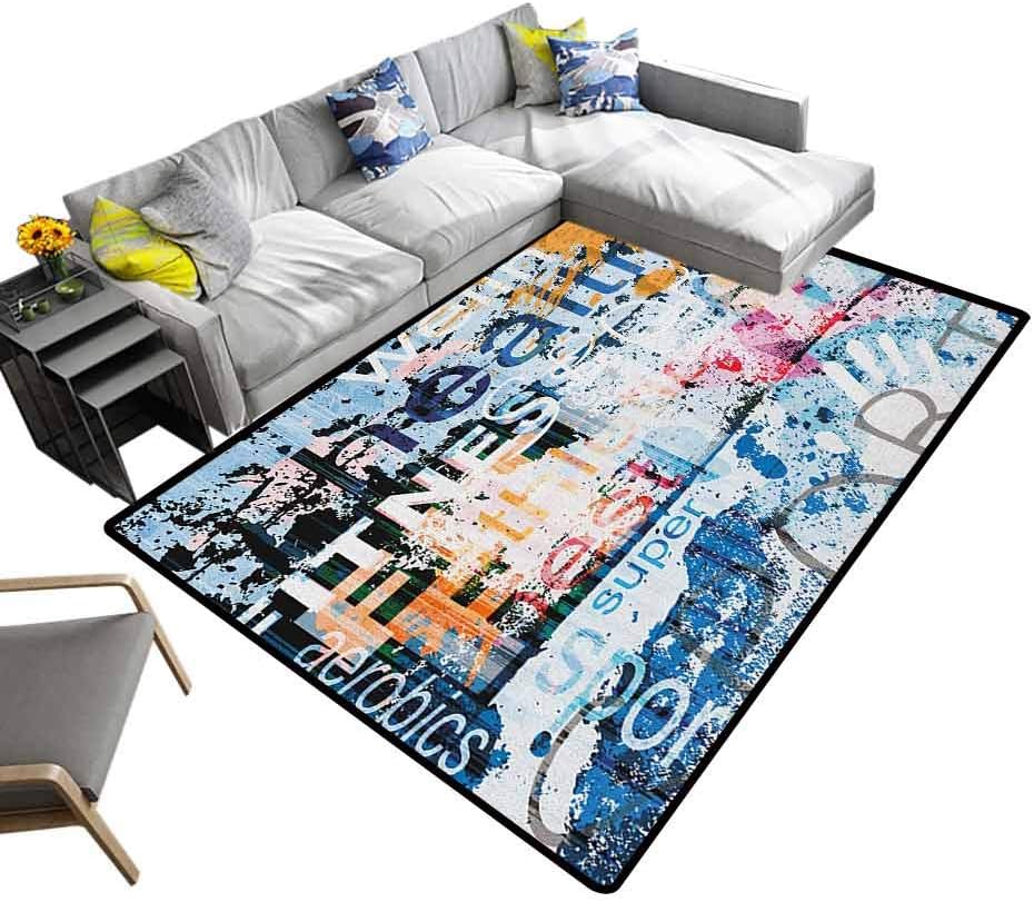 Fitness Indoor Area Rug Health Wellness Aerobics Sports Words Collection on Grunge Vintage Style Backdrop Printing Rug Pads Multicolor (4'x5')